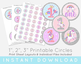 Unicorn Magic Rainbow 1st Birthday Printable Circles For Stickers, Bottle Caps, Buttons and More • Includes 1 Inch, 2 Inch, and 3 Inch Sizes