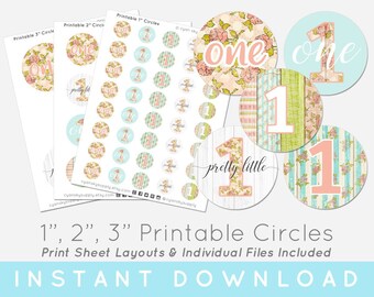 Shabby Chic Rose Baby's 1st Birthday Printable Circles For Stickers, Bottle Caps, Buttons & More • Includes 1 Inch, 2 Inch, and 3 Inch Sizes