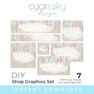 Set grafico Etsy fai da te in legno rustico shabby e bandierine - Banner per negozi, icone, design di biglietti da visita e altro ancora - 7 file di sfondo immagine JPG vuoti