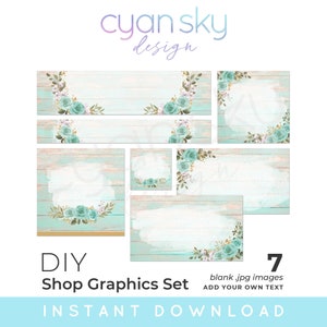 DIY Rustic Wood & Aqua Roses Farm Etsy Graphics Set - Shop Banners, Icons, Business Card Design + More - 7 Blank JPG Image Background Files