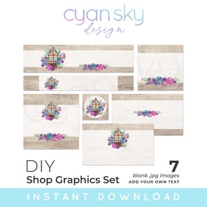 Zestaw grafik Rustic Wood Floral Farm Cabin Etsy DIY - Sklep z banerami, ikonami, projektami wizytówek + więcej - 7 pustych plików tła obrazu JPG