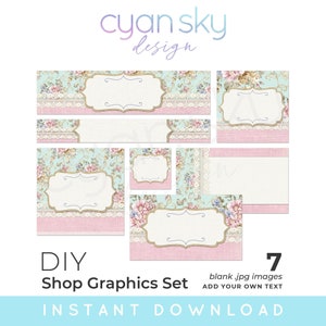 Fai da te Shabby Floral Country Farmhouse Style Set grafico del negozio Etsy - Banner, icone, biglietti da visita e altro - 7 file immagine di sfondo JPG vuoti