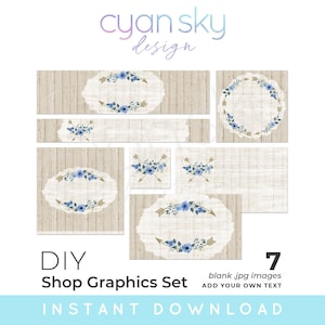 Conjunto de gráficos DIY Boho Blue Floral Arrow Rústico Etsy - Banners de loja, ícones, design de cartão de visita e mais - 7 arquivos de fundo de imagem JPG em branco