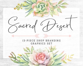 Rustic Wood & Succulents Shop Branding Banners, Avatar Icons, Business Card, Logo Label + More - 13 Premade Graphics - SACRED DESERT