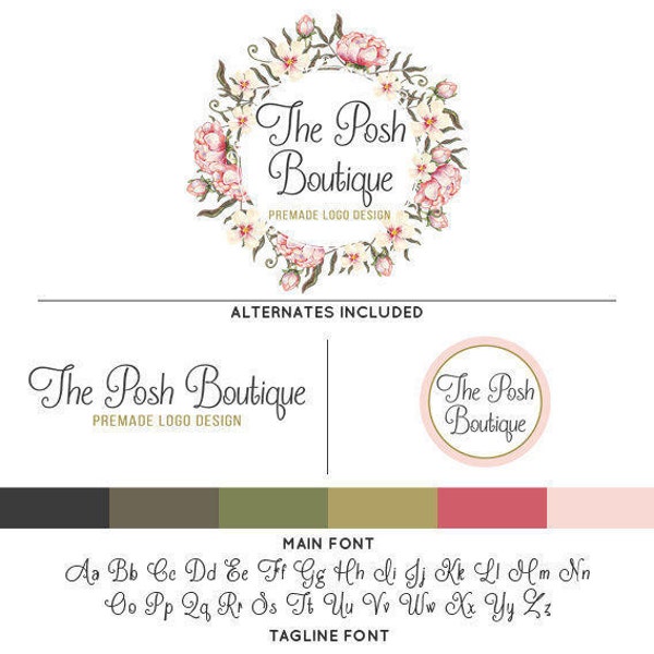 Shabby Wreath Logo & Watermark Premade Design - Custom Business Branding / Personal Name Text Graphics - Alternates Included