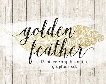Rustic Feather Shop Branding Banners, Avatar Icons, Business Card, Logo Label + More - 13 Premade Graphics Files - GOLDEN FEATHER