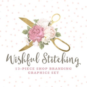 Ciseaux à coudre, bannières de marque boutique florale, icônes d'avatar, carte de visite, étiquette de logo et plus encore - 13 graphiques prédéfinis - COUTURE WISHFUL