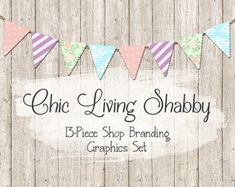 Shabby Chic Bunting Shop Branding Banners, Avatar Icons, Business Card, Logo Label + More - 13 Premade Graphics Files - CHIC LIVING SHABBY