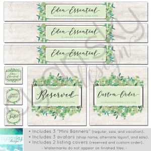 Botanical Eucalyptus Etsy Banners, Avatar Icons, Business Card, Logo Label More 13 Premade Branding Graphics Files EDEN ESSENTIAL image 2