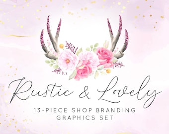 Floral Antlers Blush Pink & Gold Shop Branding Banners, Avatar Icons, Business Card, Logo Label + More - 13 Premade Graphics - RUSTIC LOVELY