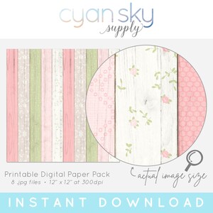 Printable Digital Paper Pack • Rustic Cottage Sage Pink Wood • 12" X 12 ...