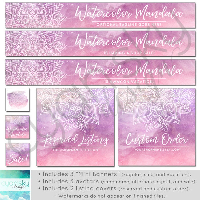 More 13 Premade Branding Graphics Files Logo Label WATERCOLOR MANDALA Business Card Avatar Icons Mandala Boho Etsy Shop Banners