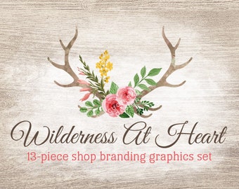 Rose Antlers Shop Branding Banners, Avatar Icons, Business Card, Logo Label + More - 13 Premade Graphics Files - WILDERNESS AT HEART