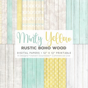 Paquete de papel digital imprimible • Menta y madera de boho rústico amarillo • Diseños de 12 "x 12" para uso personal / comercial - Scrapbook, arte de pared, tarjetas