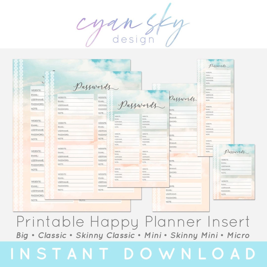 Passwords List Happy Planner Printable Insert Watercolor Sky Peach Big ...
