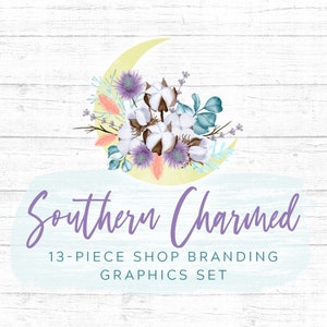 Cotton Watercolor Floral Moon Shop Branding Banners, Avatar Icons, Business Card, Logo Label + More - 13 Premade Graphics - SOUTHERN CHARMED