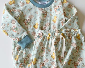 Baby Boy Easter Outfit, Toddler Two Piece Set, Handmade Cotton Bunny and Duck Outfit, Tee and Leggings Casual Spring Clothes