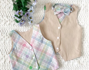 Boys Spring Easter Plaid Vest, Baby and Toddler Boy Special Occasion Outfit with Matching Bow Tie, Pastel Plaid and Neutral Linen Reversible