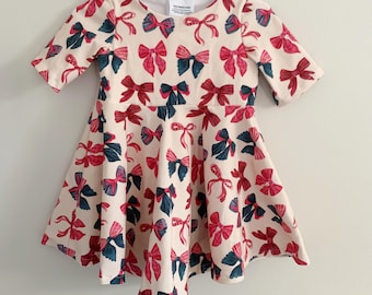 IN STOCK Toddler Girl Holiday Bows Twirl Dress, Organic Cotton Girls Skater Dress with Circle Skirt, Christmas Dress