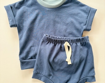 Gender Neutral Navy Blue Organic Cotton Toddler Summer Outfit,  Boxy Tee and Shorts Active Set, Handmade Baby and Children's Clothing