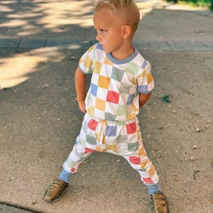 Baby and Toddler Boy Two Piece Set, Gender Neutral Checkered Outfit, Retro Tee and Leggings Casual Spring Play Clothes