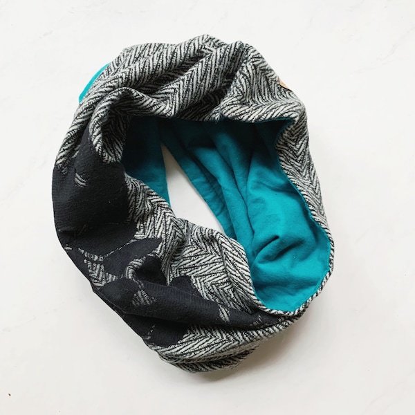 Boho Anthro inspired Chunky cowl scarf with lace, black and white chevron scarf, teal flannel chunky cowl