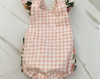 Rifle Paper Co playsuit with ruffles and snap crotch, classic bubble romper with adjustable straps