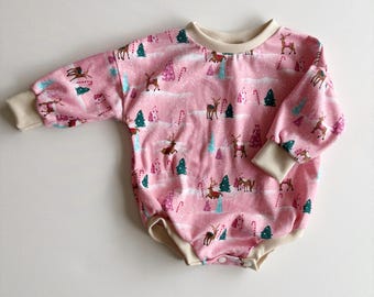 IN STOCK Pink Reindeer Vintage Inspired Long Sleeve Christmas Bubble Romper, Oversize Sweater Romper with Snaps, Baby’s First Christmas