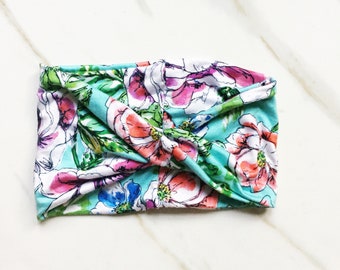 Watercolor floral yoga headband, womens twisted wide workout headband, stretchy turban