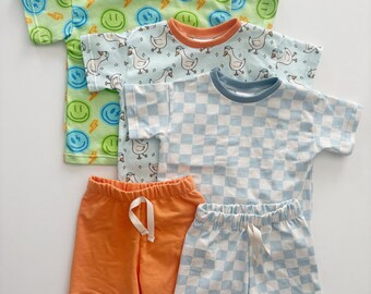 Organic Cotton Boys Two Piece Outfit, Boxy Tee and Shorts Set, Blue Checkers Toddler Boy Clothes