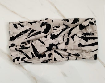 Neutral Animal Print Headband, Black and Off White Extra Wide Turban Twist Headwrap, Womens Headband