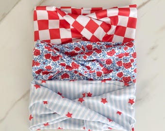 Red White and Blue Twist Headband, 4th of July Women's Headband, Patriotic Stretchy Wide Yoga Boho Hair Wrap