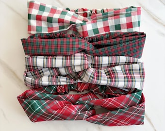 Christmas Plaid Womens Headband, Turban Twist Headwrap, Red and Green Tartan Holiday Hair Accessory