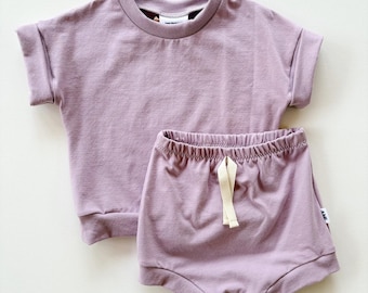 Gender Neutral Purple Organic Cotton Toddler Summer Outfit,  Boxy Tee and Shorts Active Set, Handmade Baby and Children's Clothing