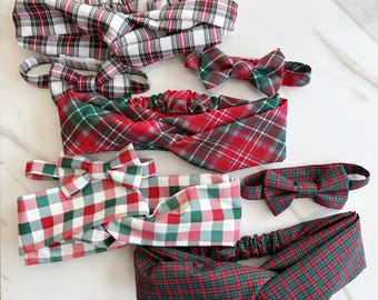 Matching Mom and Boy Christmas Accessory Set, Christmas Plaid Toddler Bow Tie and Women’s Headband, Festive Plaid Holiday Bow Tie