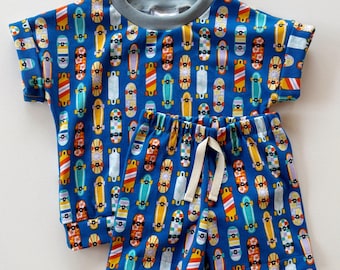 Toddler Boy Two Piece Summer Outfit, Blue Skateboards Boxy Tee and Shorts Set, Gender Neutral Handmade Baby and Children's Clothing