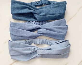 Blue Chambray Headband, Womens Turban Twist Headwrap