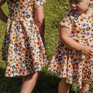 Girls Fall Twirl Dress, Toddler Floral Skater Dress, Orange and Pink Halloween Floral Dress, Fall Family Photoshoot Outfit