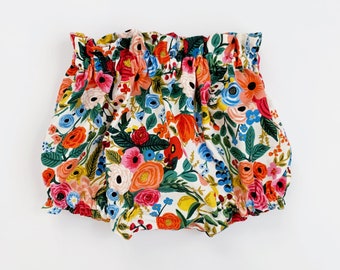 Floral ruffle bloomers, paper bag waist baby and toddler shorts, Rifle Paper Co or chambray girl bummies