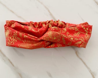 Rifle Paper Co Christmas Headband, Red and Metallic Gold Floral Womens Holiday Turban Twist Headwrap