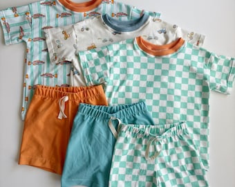 Toddler Boy Two Piece Summer Set, Organic Cotton Tee and Shorts Outfit, Handmade Baby and Children's Clothing