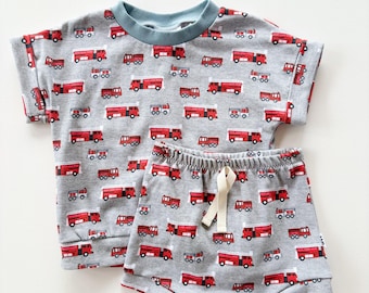 Firetruck Toddler Outfit, Handmade Cotton Boxy Tee and Shorts Summer Set, Gender Neutral Handmade Baby and Children's Clothing