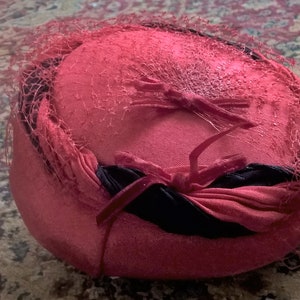 Red Straw Pillbox Hat with Veil