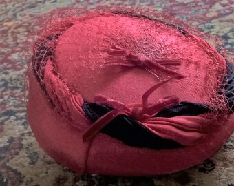 Red Straw Pillbox Hat with Veil