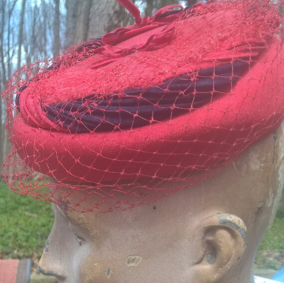 Red Straw Pillbox Hat with Veil - image 5