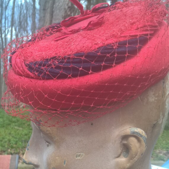 Red Straw Pillbox Hat with Veil Gem