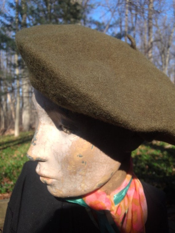 Beret Vintage Wool Khaki Brown Green - image 1