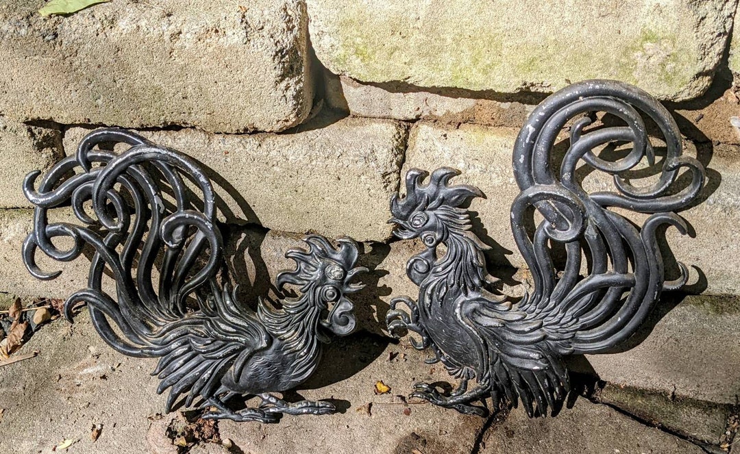 Black Metal Roosters Wall Hanging Retro Decor Etsy