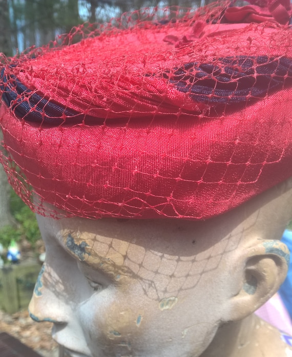 Red Straw Pillbox Hat with Veil - image 4