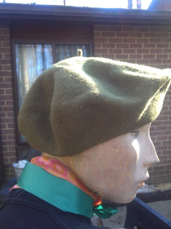 Beret Vintage Wool Khaki Brown Green - image 3